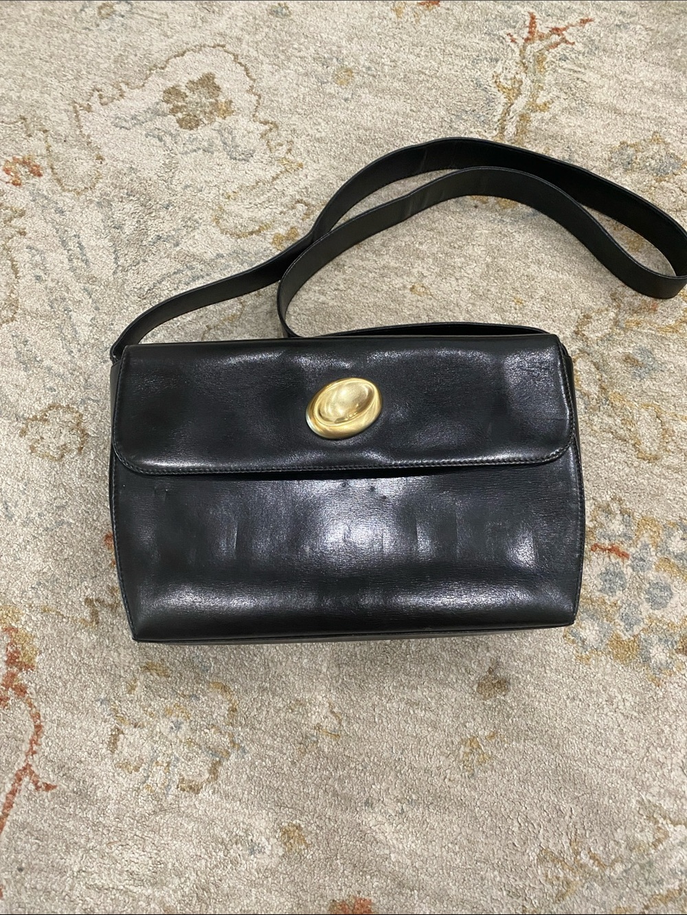Authentic Gucci Classic Black Leather Crossbody Bag with Gold Accent
